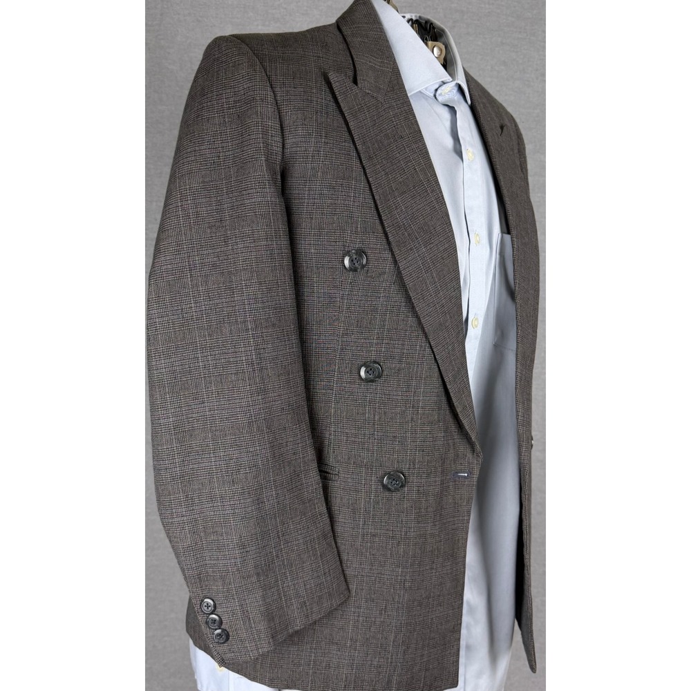 Vintage Bespoke Brown Glen Plaid Double Breasted Blazer Sport Coat 38R Peak